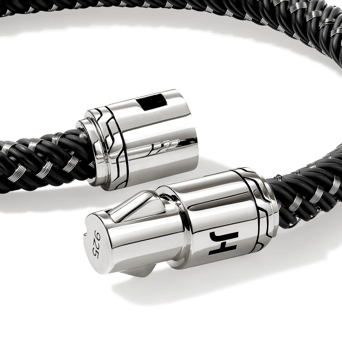 John Hardy Mens Black Rubber & Stainless Steel Cord Bracelet in Sterling Silver