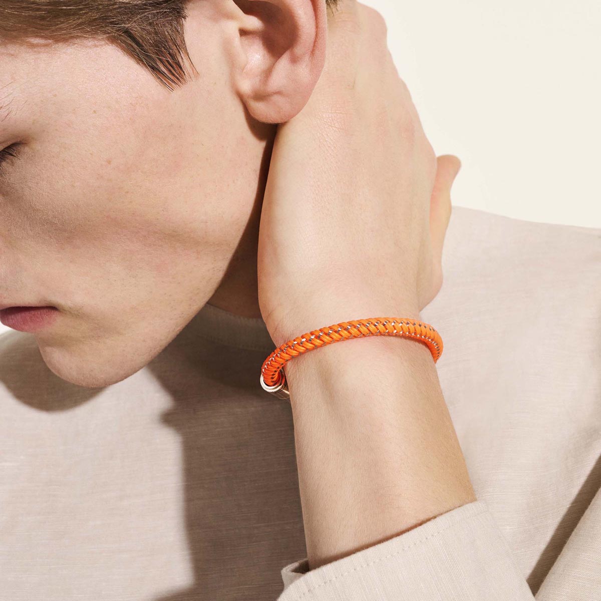John Hardy Mens Orange Leather Cord Bracelet in Sterling Silver