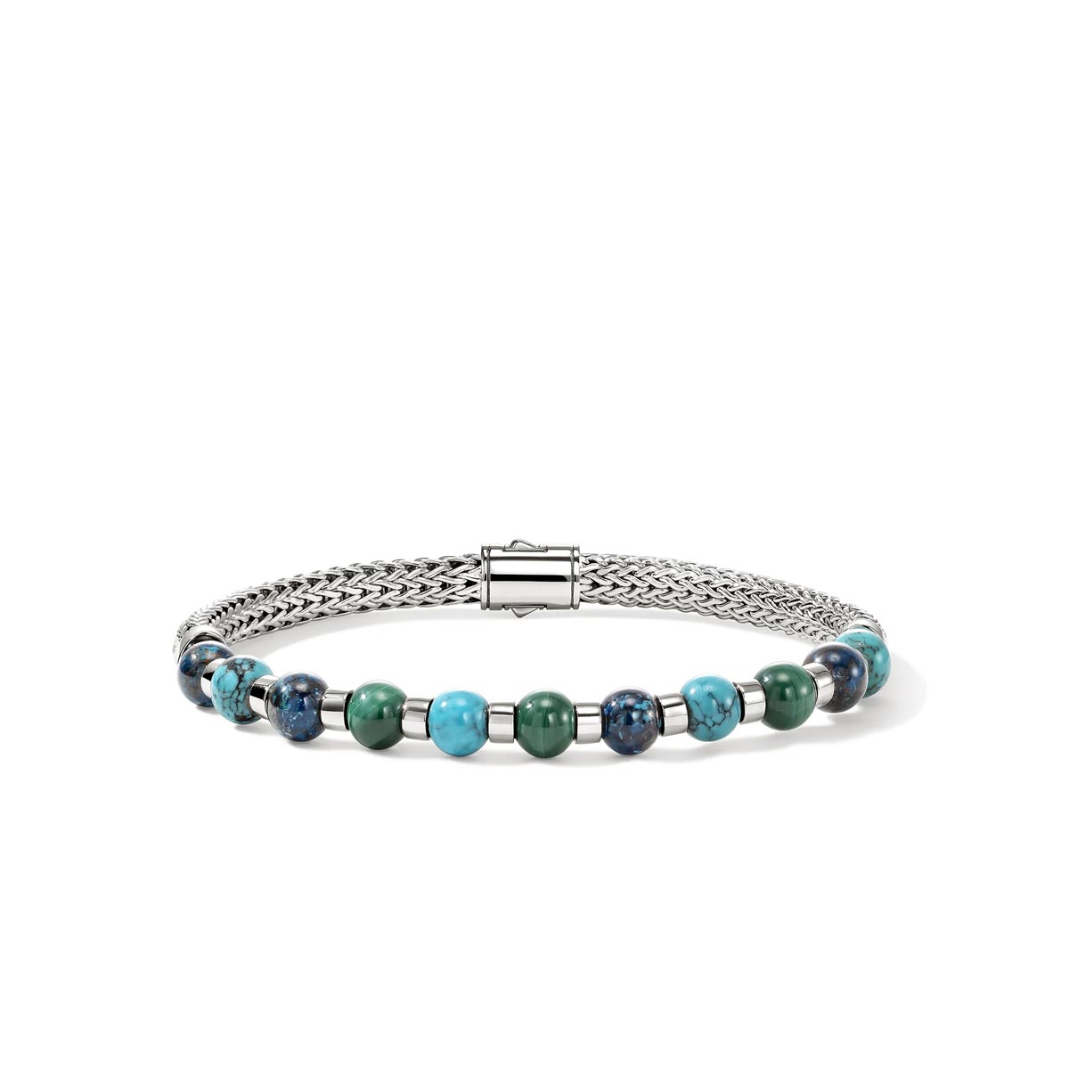 John Hardy Mens Chrysocolla Malachite and  Turquoise Bead Bracelet in Sterling Silver