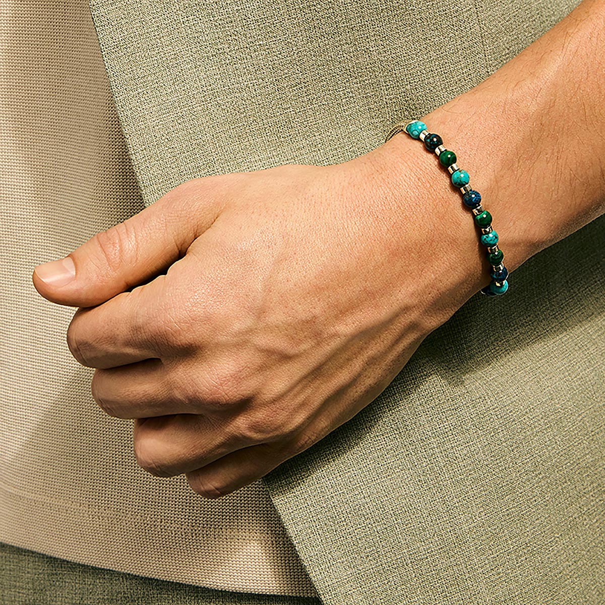 John Hardy Mens Chrysocolla Malachite and  Turquoise Bead Bracelet in Sterling Silver
