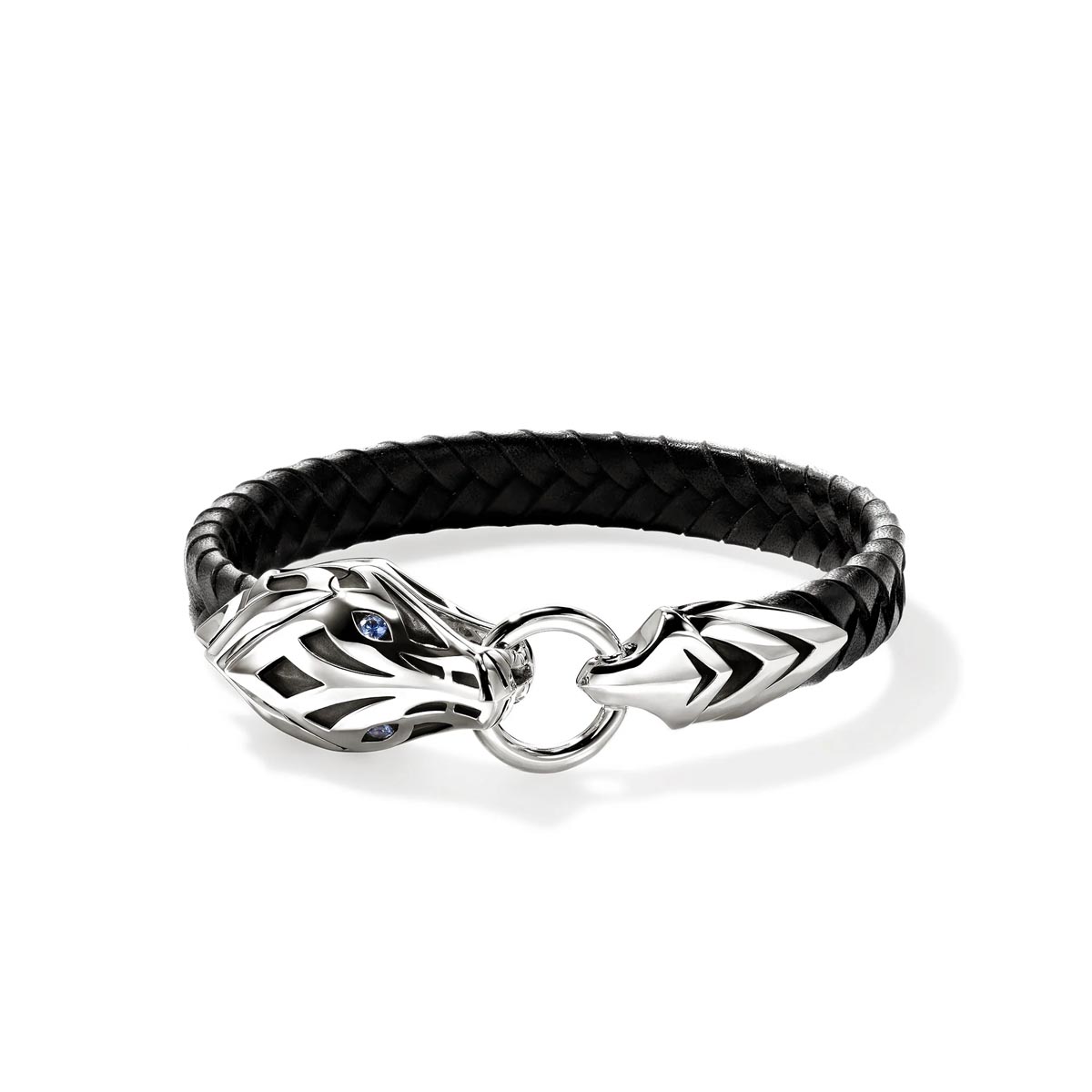 John Hardy Naga Black Leather Bracelet in Sterling Silver with Sapphires