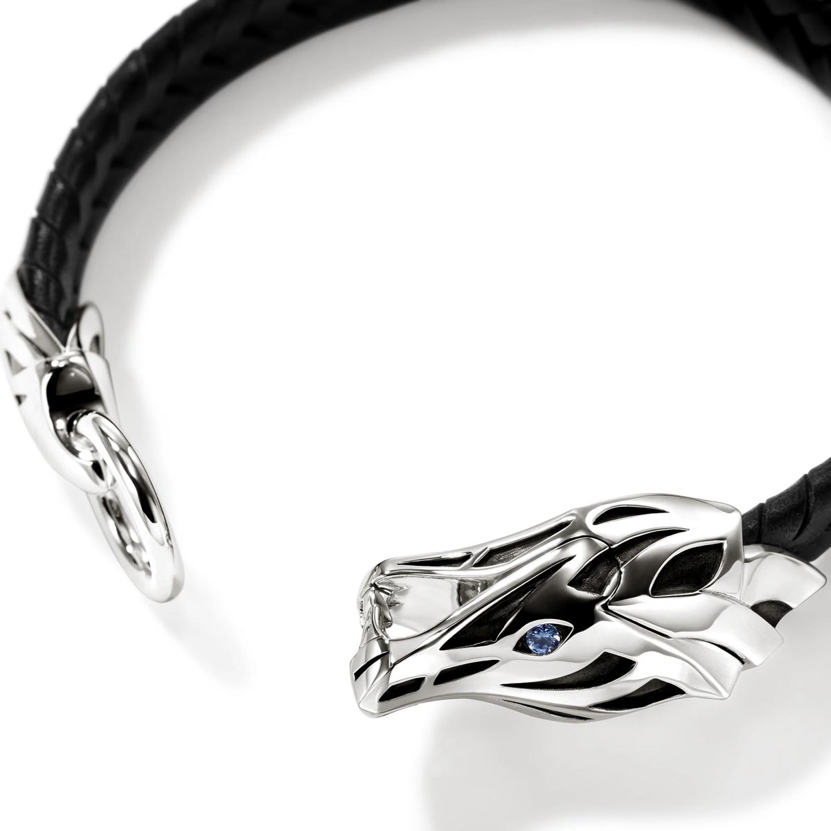 John Hardy Naga Black Leather Bracelet in Sterling Silver with Sapphires