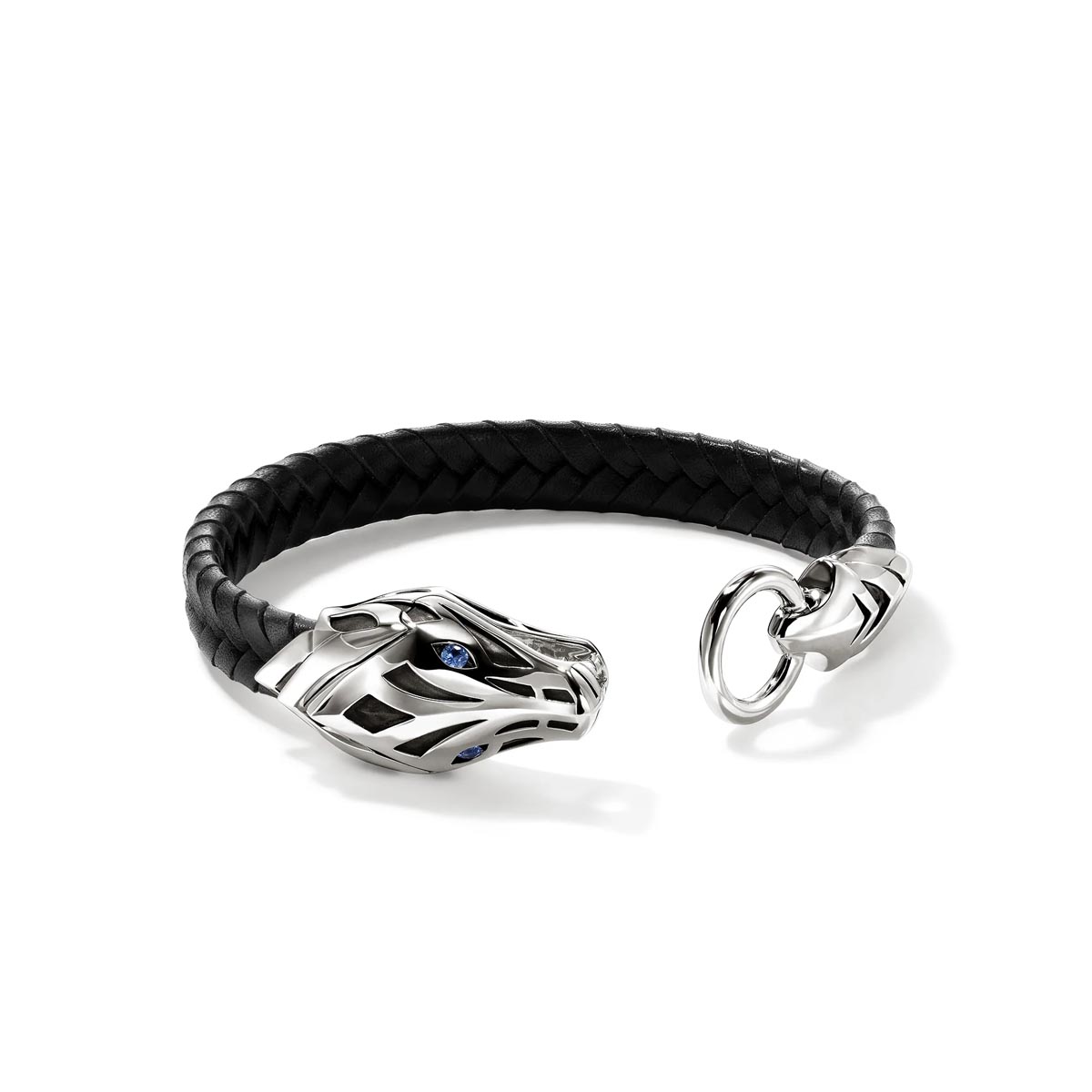 John Hardy Naga Black Leather Bracelet in Sterling Silver with Sapphires