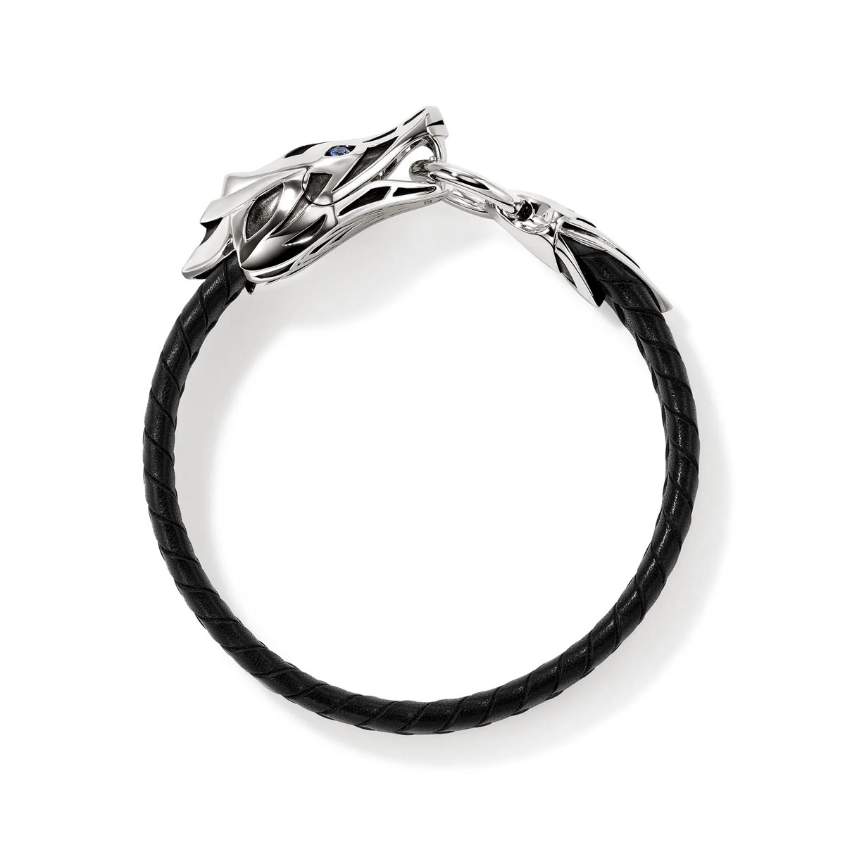 John Hardy Naga Black Leather Bracelet in Sterling Silver with Sapphires