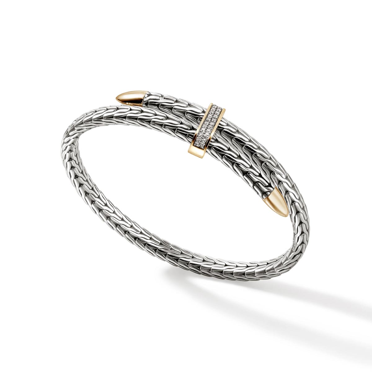 John Hardy Spear Diamond Pave Bangle Bracelet in Sterling Silver and 14kt Yellow Gold (1/5ct tw)