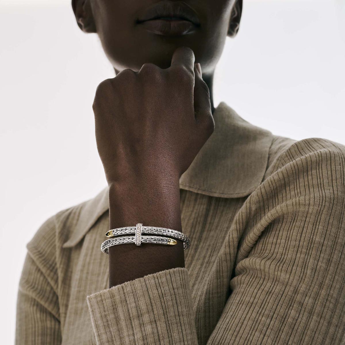 John Hardy Spear Diamond Pave Bangle Bracelet in Sterling Silver and 14kt Yellow Gold (1/5ct tw)