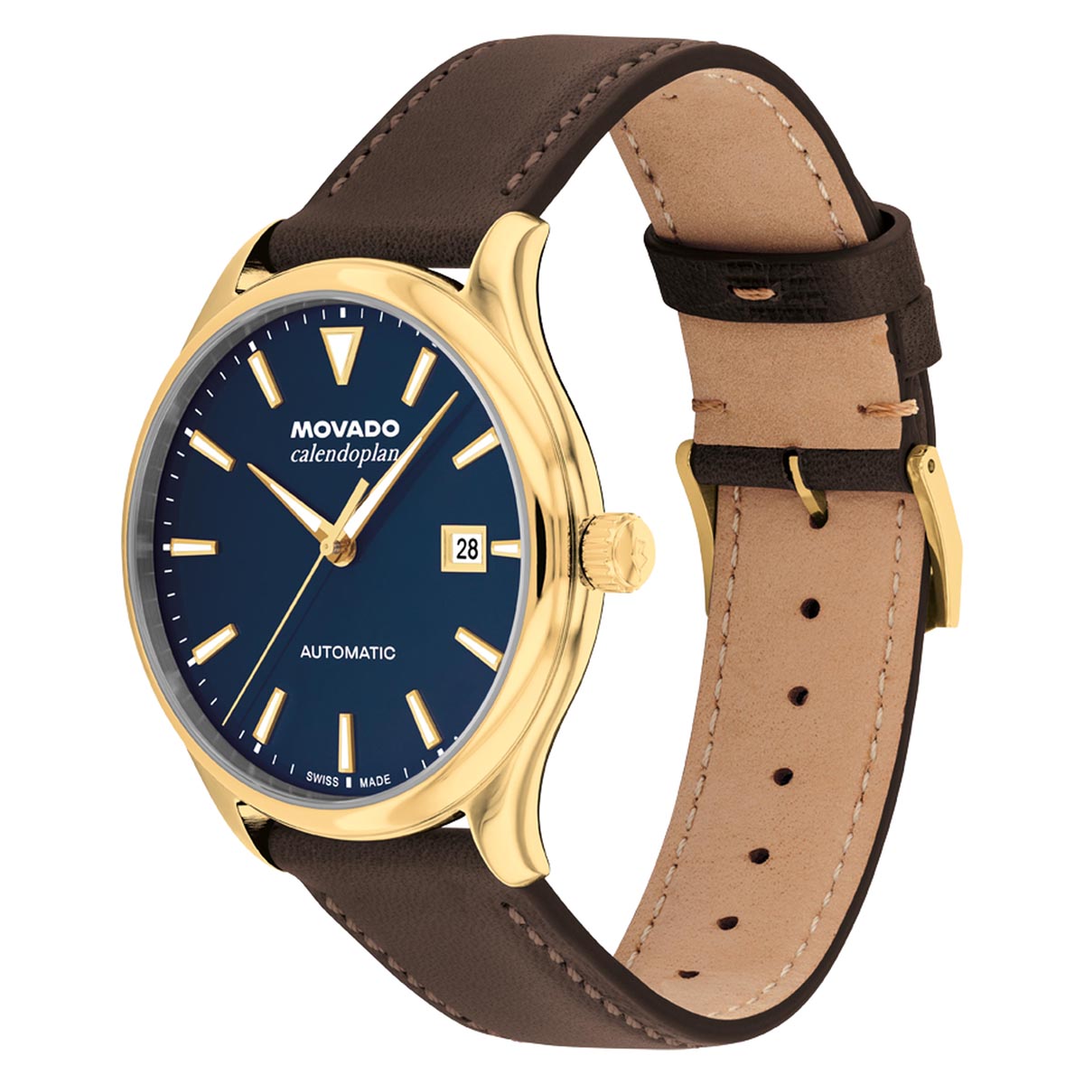 Movado Heritage Watch with Blue Dial and Brown Leather Strap (40mm and automatic movement)
