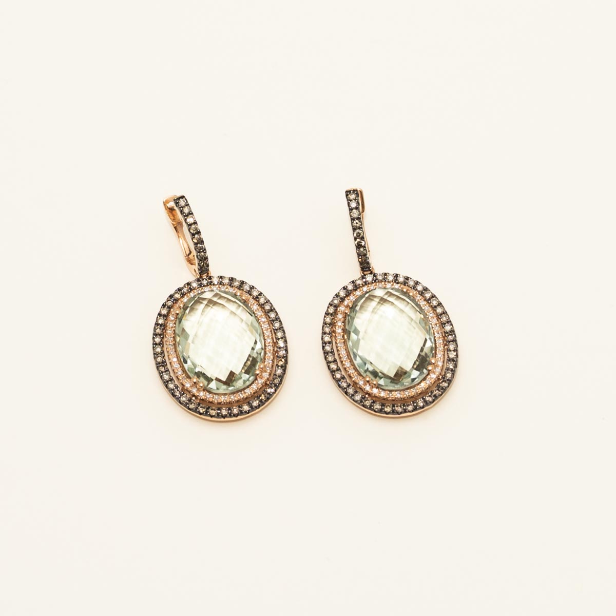 Dabakarov Oval Green Amethyst Drop Earrings in 14kt Rose Gold with White and Champagne Diamonds (1 1/4ct tw)