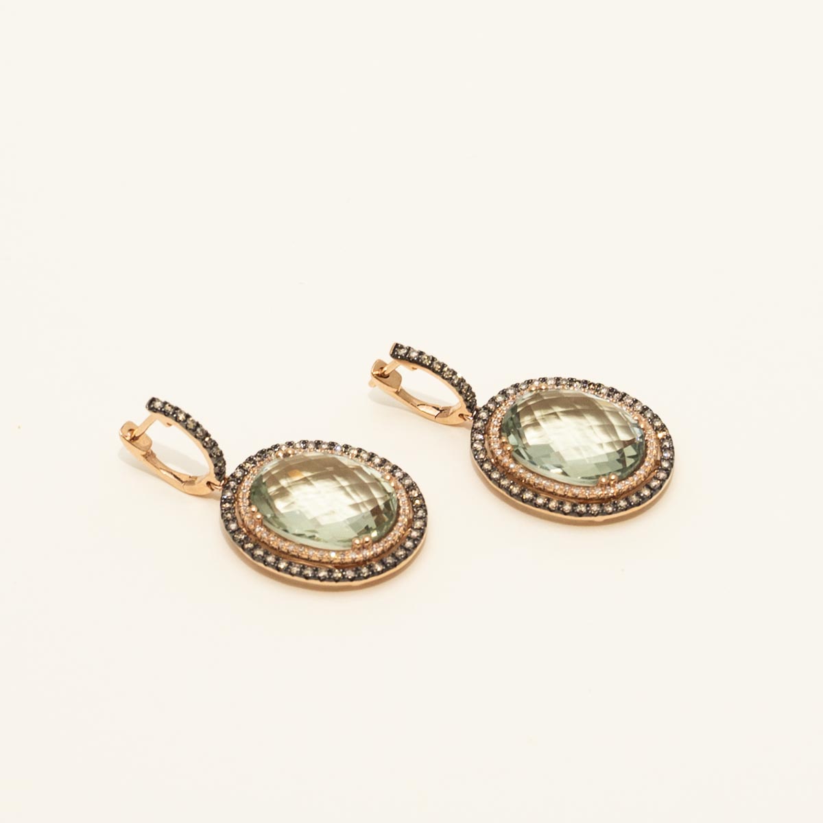 Dabakarov Oval Green Amethyst Drop Earrings in 14kt Rose Gold with White and Champagne Diamonds (1 1/4ct tw)