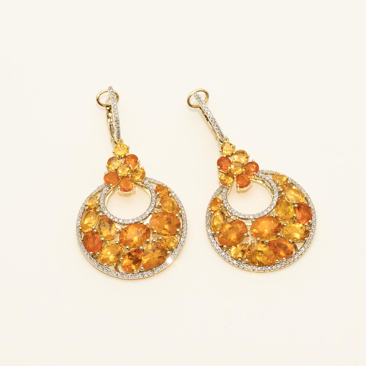 Dabakarov Fire Opal Drop Earrings in 14kt Yellow Gold with Diamonds (1/2ct tw)