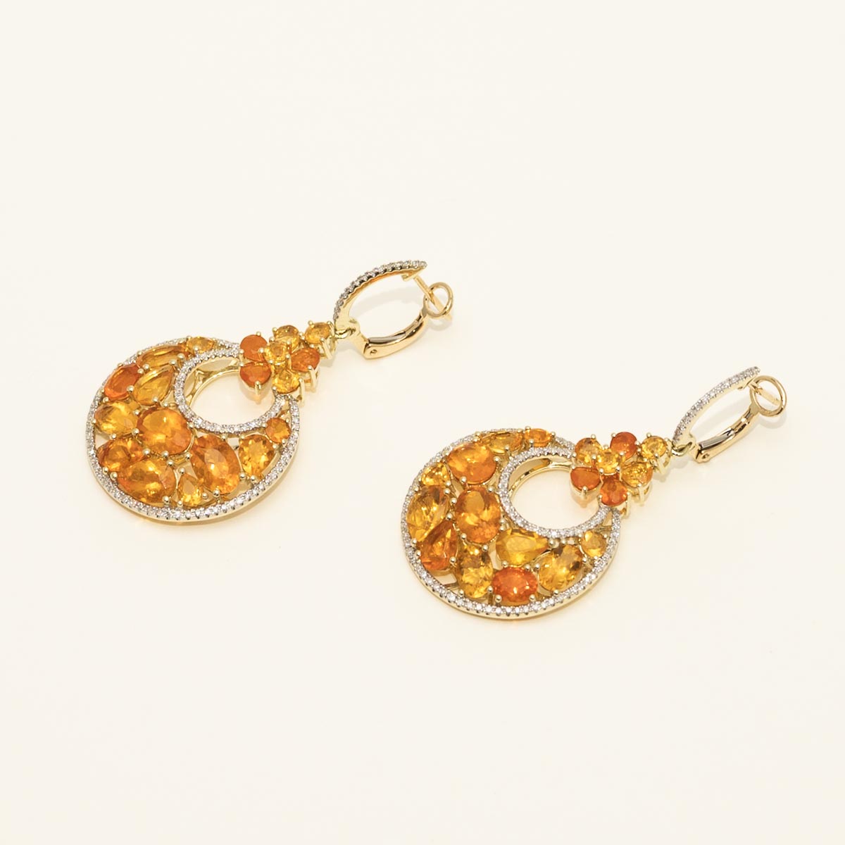 Dabakarov Fire Opal Drop Earrings in 14kt Yellow Gold with Diamonds (1/2ct tw)