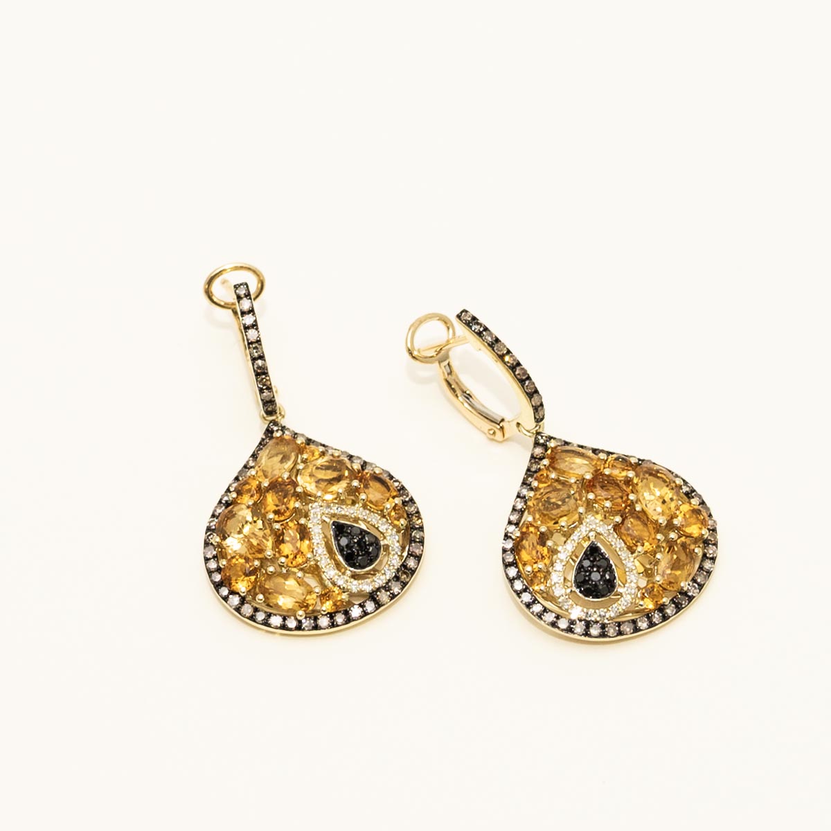 Dabakarov Citrine Drop Earrings in 14kt Yellow Gold with White Black and Champagne Diamonds (7/8ct tw)