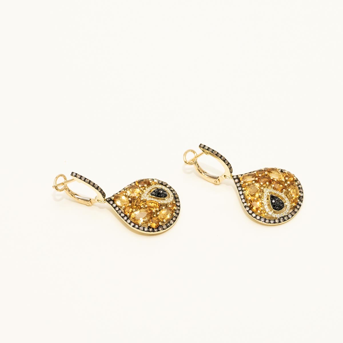 Dabakarov Citrine Drop Earrings in 14kt Yellow Gold with White Black and Champagne Diamonds (7/8ct tw)