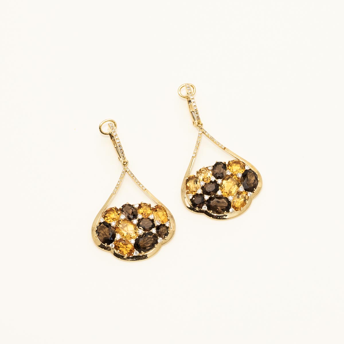 Dabakarov Citrine and Smoky Topaz Drop Earrings in 14kt Yellow Gold with Diamonds (3/8ct tw)