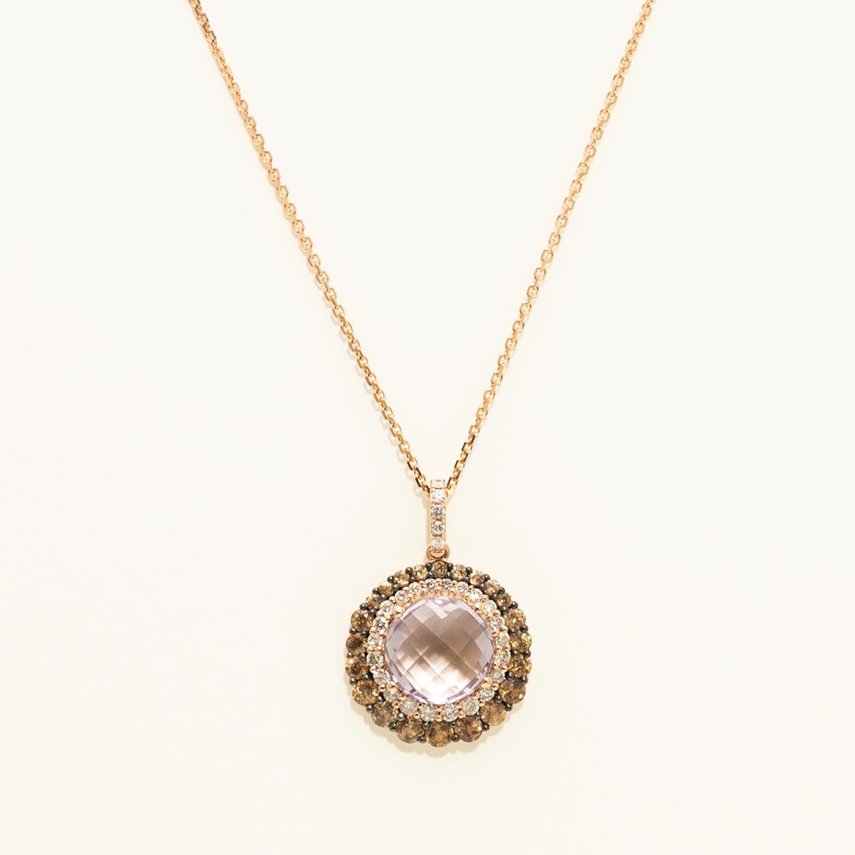 Dabakarov Pink Amethyst and Hessonite Halo Necklace in 14kt Rose gold with Diamonds (1/3ct tw)