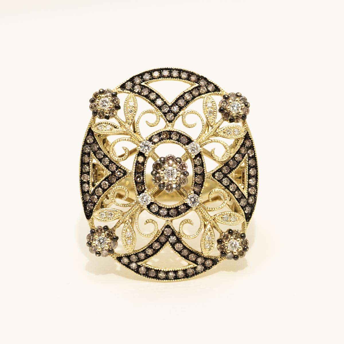 Dabakarov White and Champagne Floral Diamond Fashion Ring in 14kt Yellow Gold (1 1/2ct tw)
