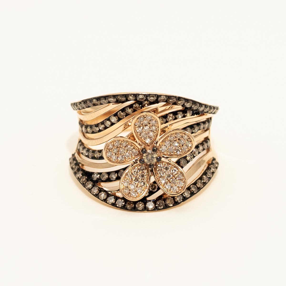 Dabakarov White and Champagne Diamond Flower Fashion Ring in 14kt Rose Gold (1ct tw)