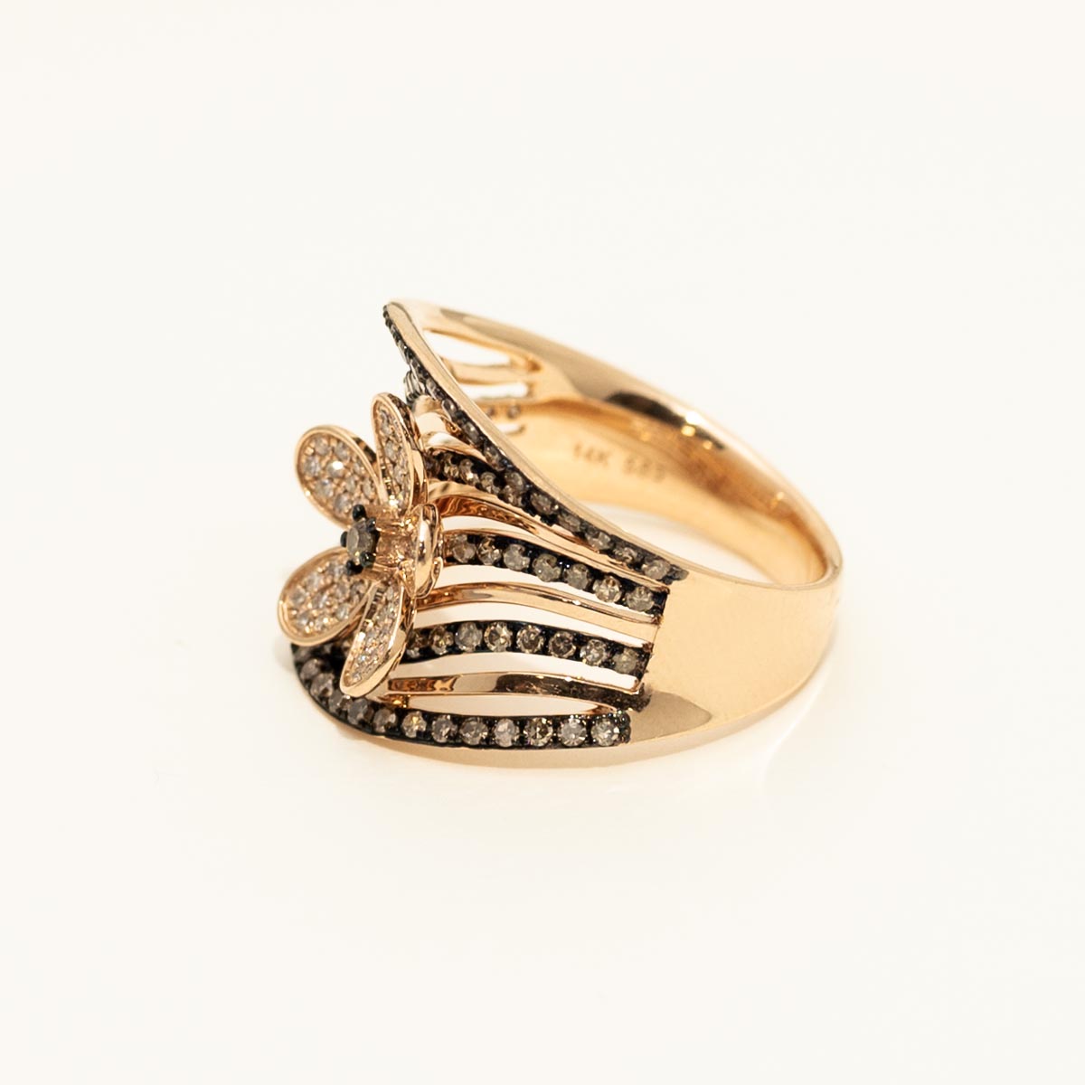 Dabakarov White and Champagne Diamond Flower Fashion Ring in 14kt Rose Gold (1ct tw)