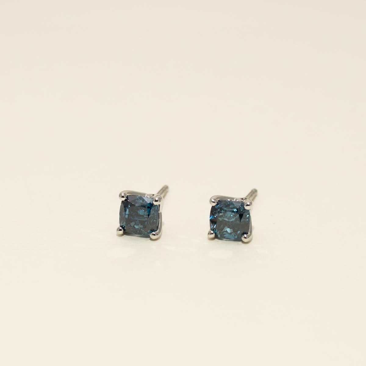 Cushion Cut Blue Diamond Stud Earrings in 14kt White Gold
