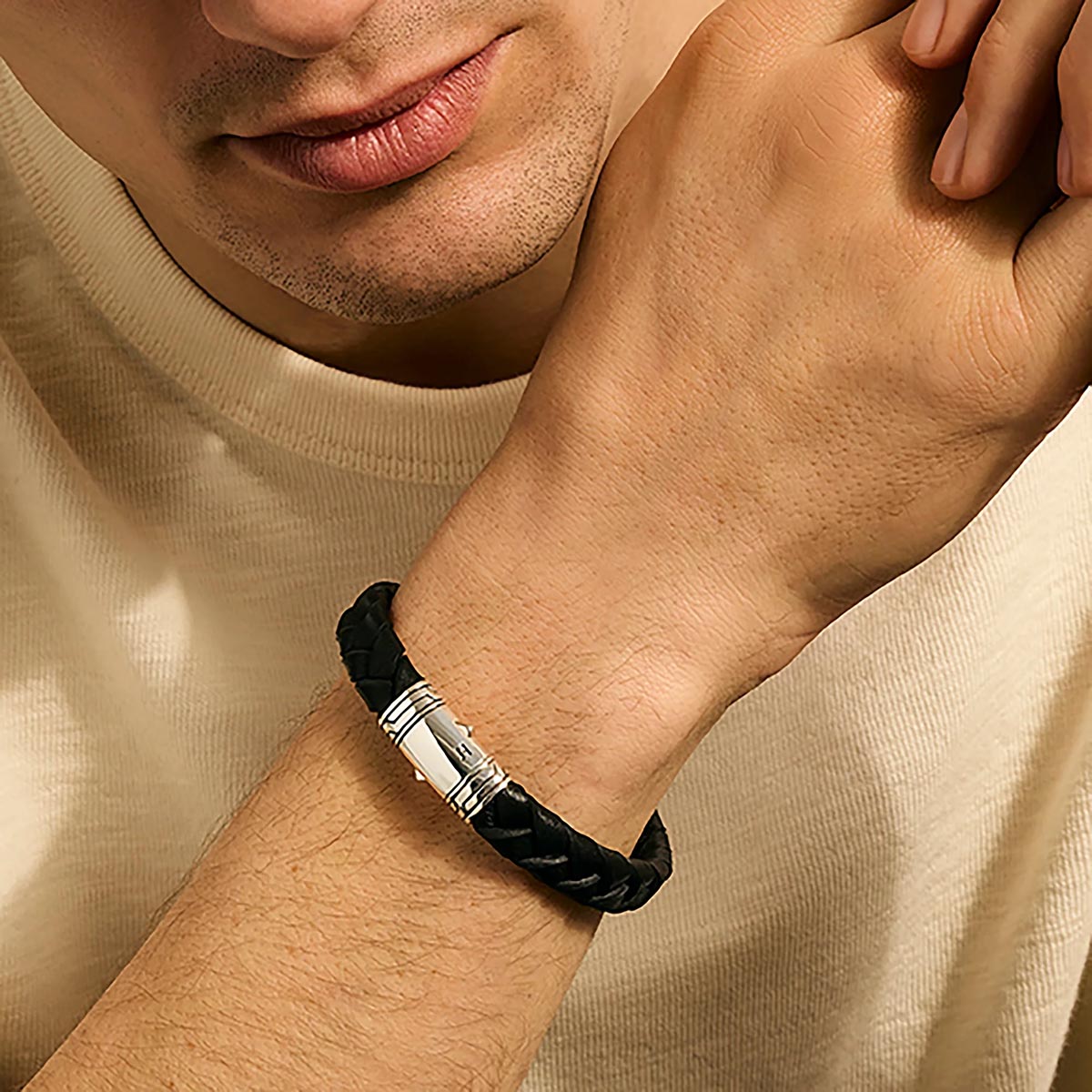 John Hardy Mens Braided Black Leather Bracelet with Sterling Silver Clasp (8 inches)