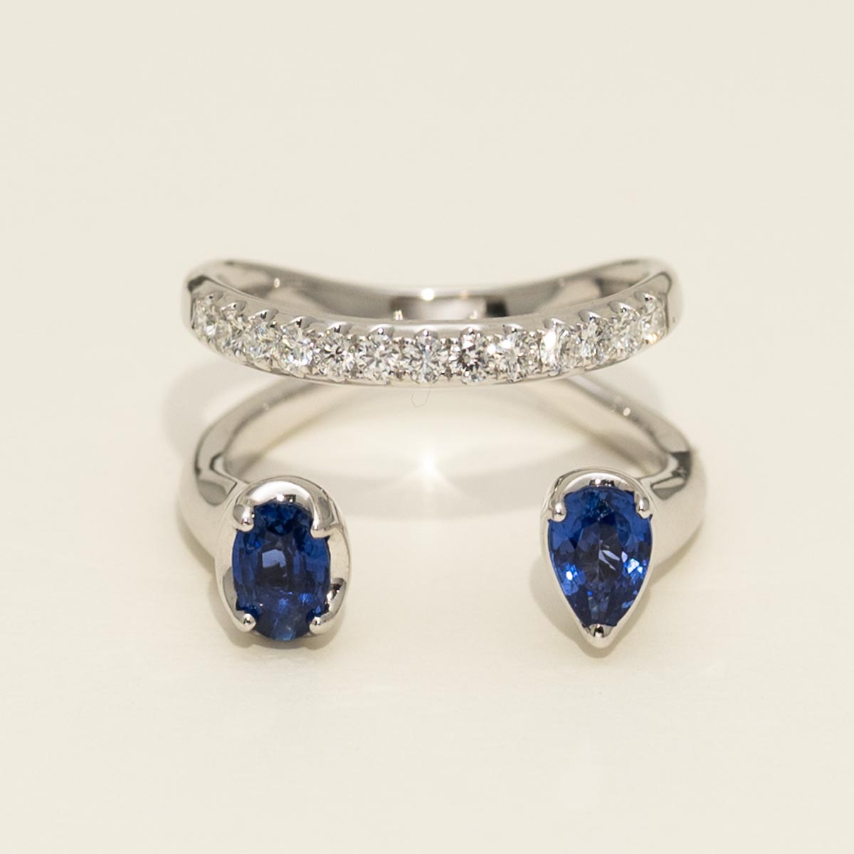 Oval and Pear Shaped Open Sapphire Ring in 18kt White Gold with Diamonds (1/3ct tw)