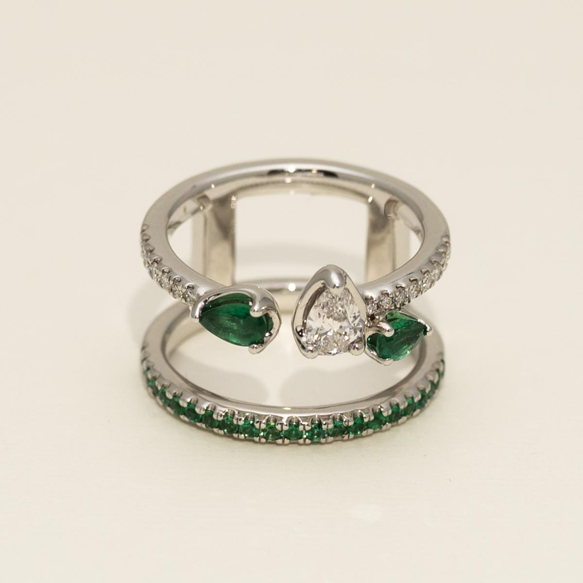 Pear Shaped and Round Emerald Ring in 18kt White Gold with Diamonds (3/8ct tw)