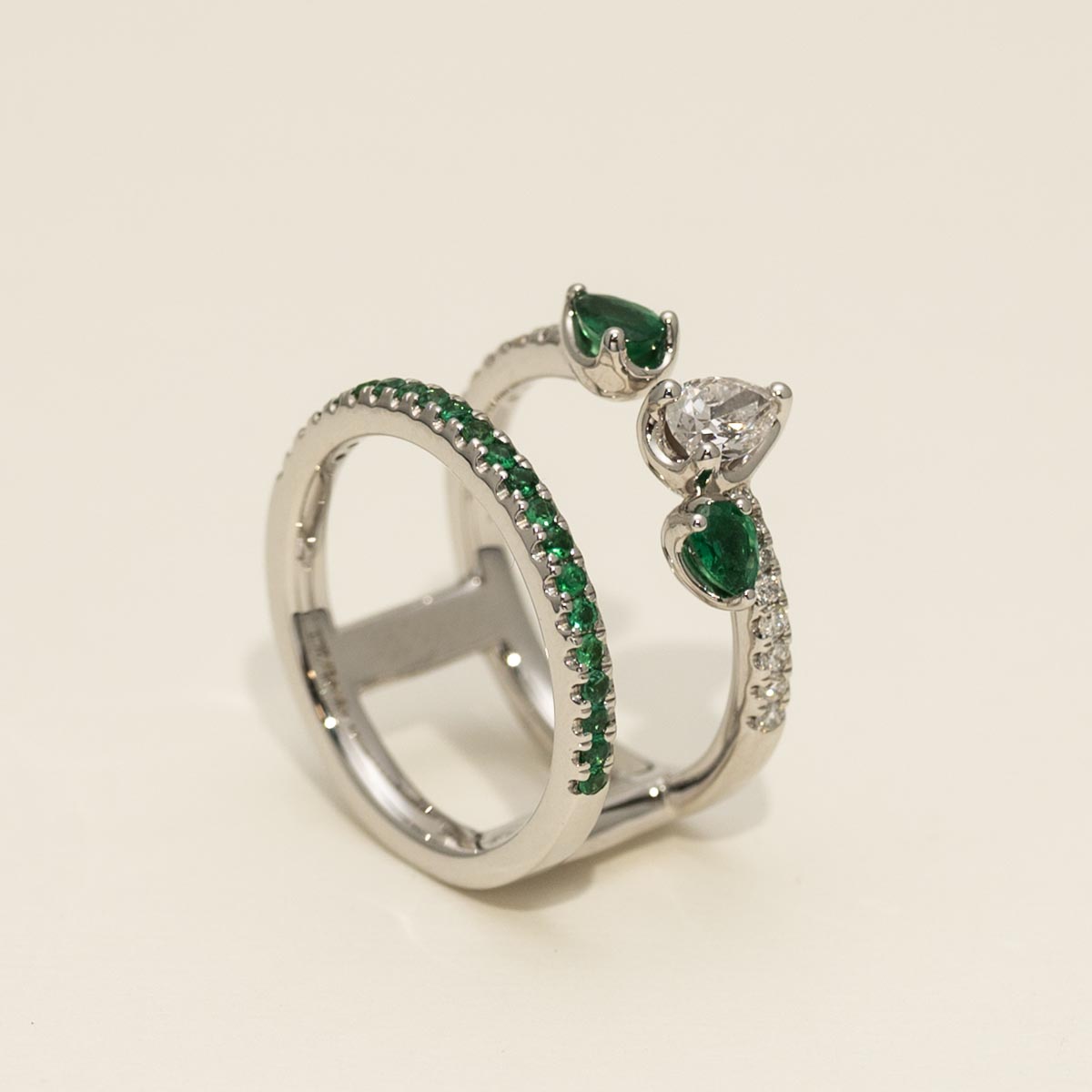 Pear Shaped and Round Emerald Ring in 18kt White Gold with Diamonds (3/8ct tw)