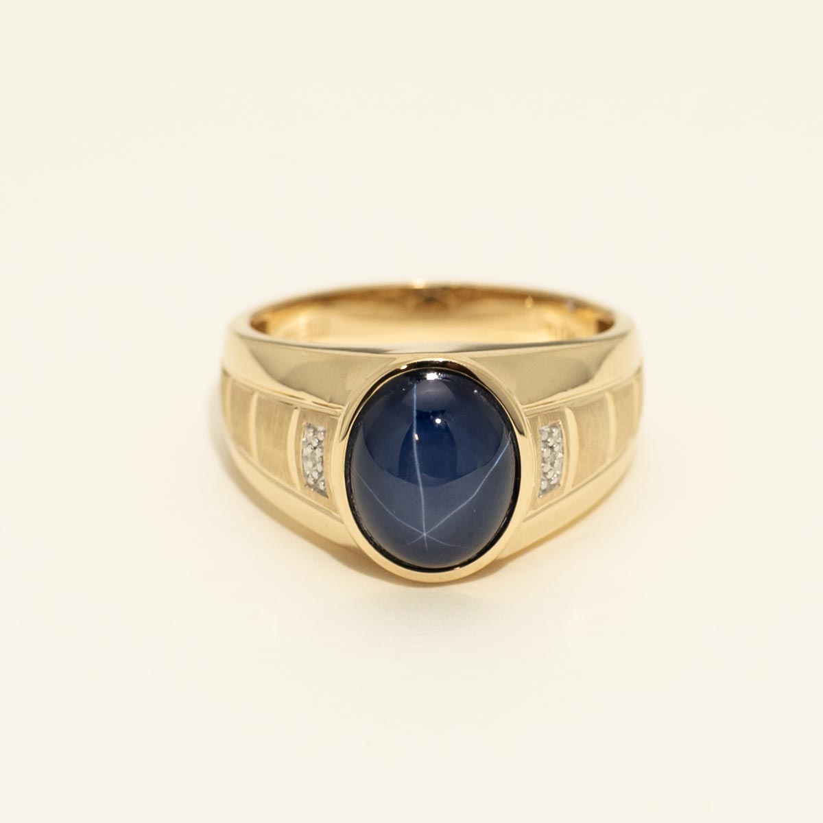 Mens Oval Synthetic Star Sapphire Ring in 10kt Yellow Gold with Diamonds