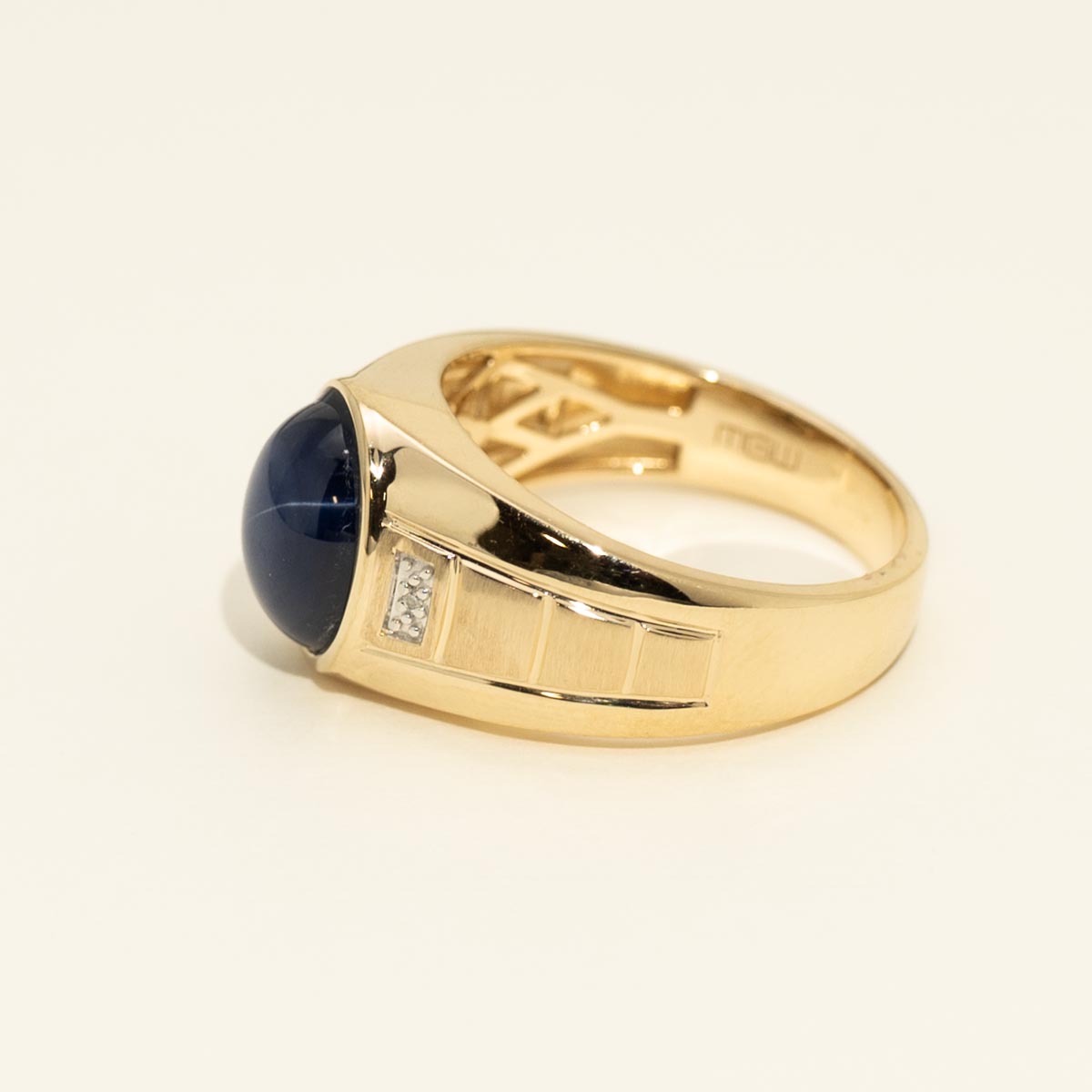 Mens Oval Synthetic Star Sapphire Ring in 10kt Yellow Gold with Diamonds