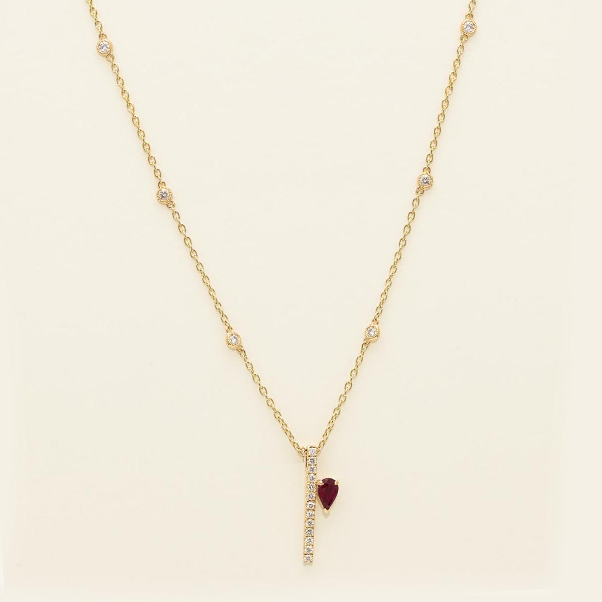 Pear Shaped Ruby Bar Necklace in 18kt Yellow Gold with Diamonds (3/8ct tw)