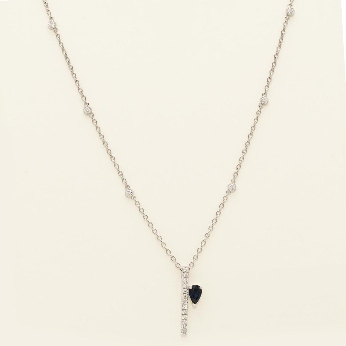 Pear Shaped Sapphire Bar Necklace in 18kt White Gold with Diamonds (3/8ct tw)