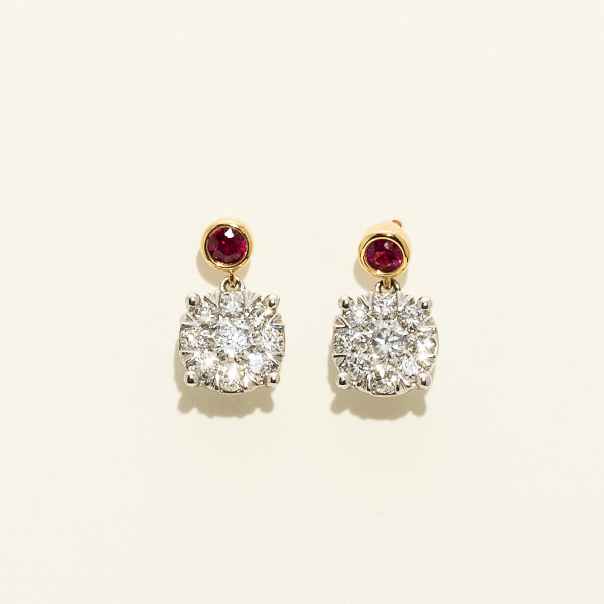Ruby Bezel Drop Earrings in 18kt Yellow and White Gold with Diamonds (1ct tw)