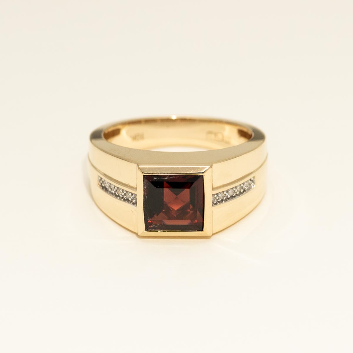 Mens Princess Cut Garnet Ring in 10kt Yellow Gold with Diamonds
