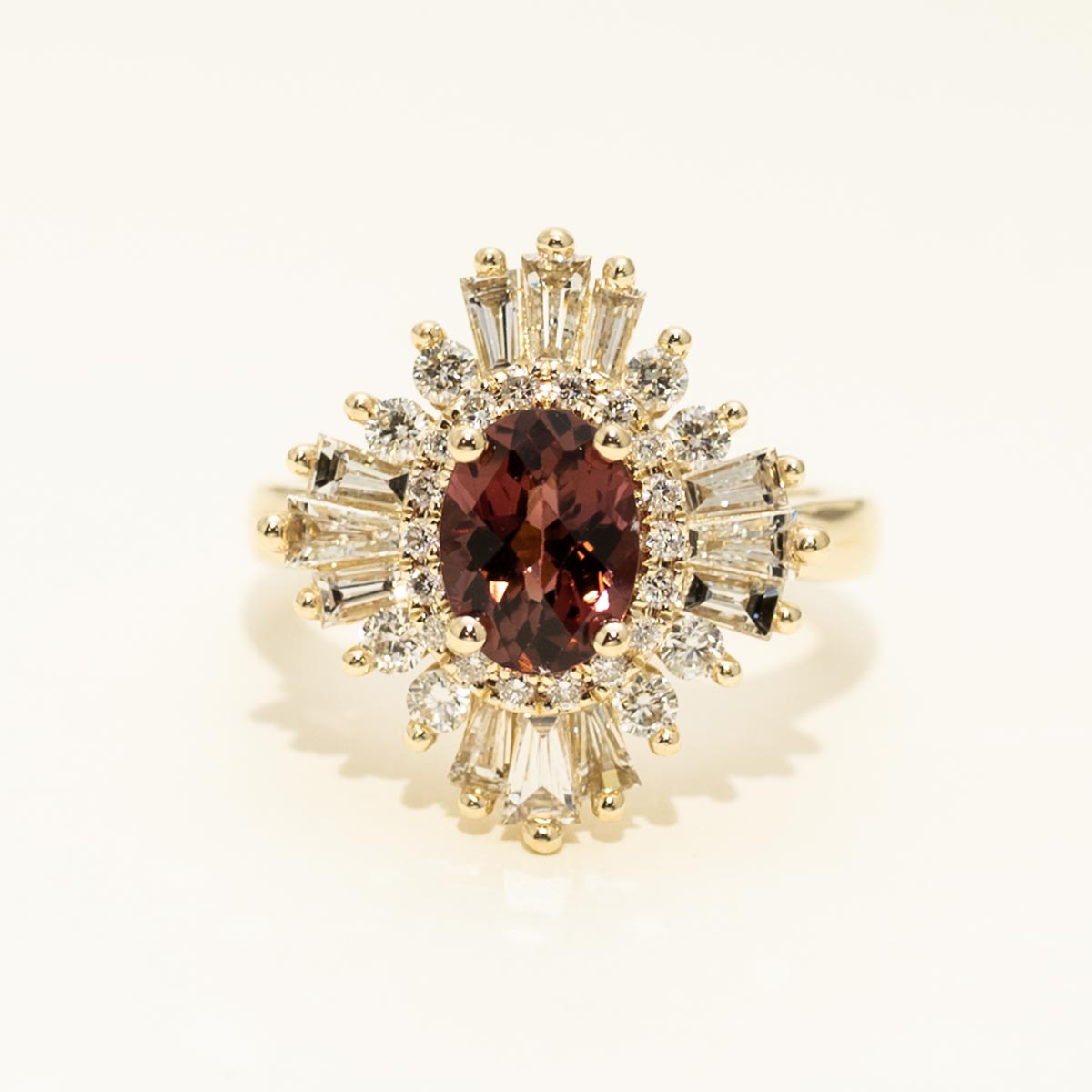 Oval Maine Pink Tourmaline Ballerina Ring in 14kt Yellow Gold with Diamonds (1 1/7ct tw)