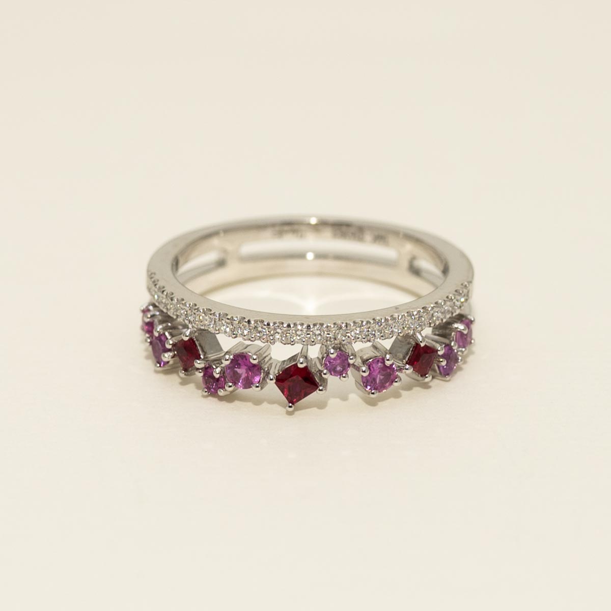 Princess Cut Ruby and Pink Sapphire Ring in 14kt White Gold with Diamonds (1/10ct tw)