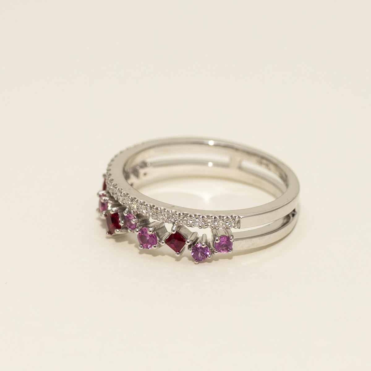 Princess Cut Ruby and Pink Sapphire Ring in 14kt White Gold with Diamonds (1/10ct tw)