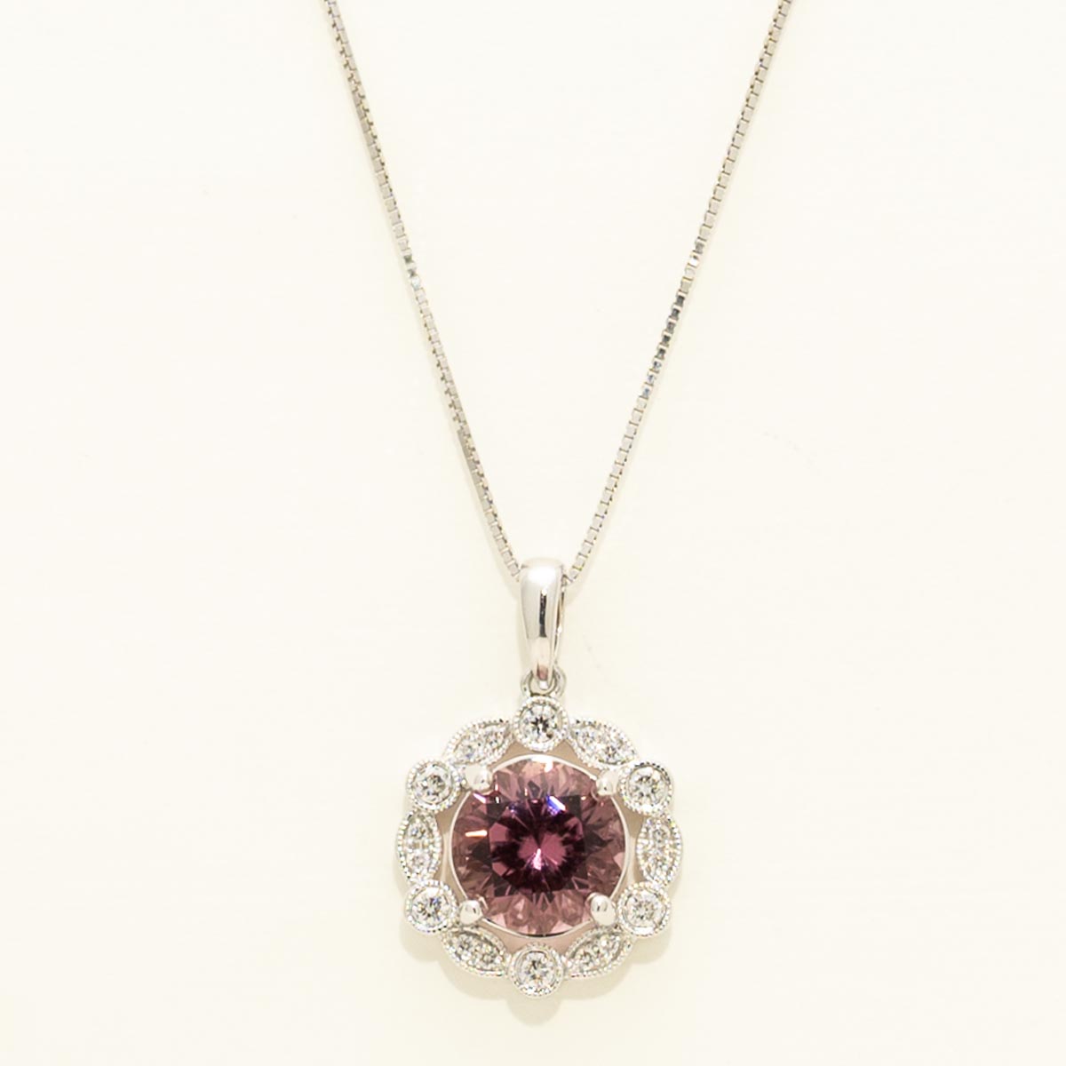 Maine Pink Tourmaline Halo Necklace in 14kt White Gold with Diamonds (1/7ct tw)