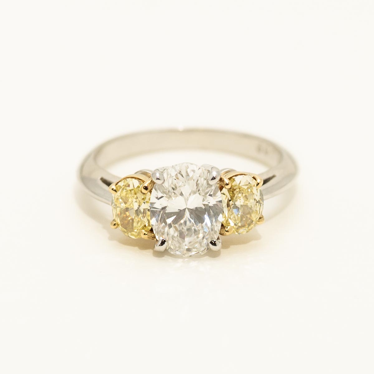 Three Stone White and Yellow Oval Diamond Ring in Platinum and 18kt Yellow Gold (2 3/8ct tw)