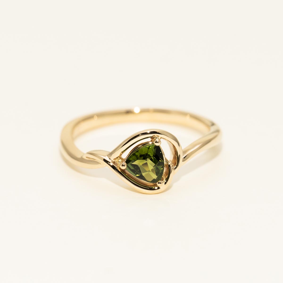 Maine Trillion Cut Green Tourmaline Ring in 14kt Yellow Gold