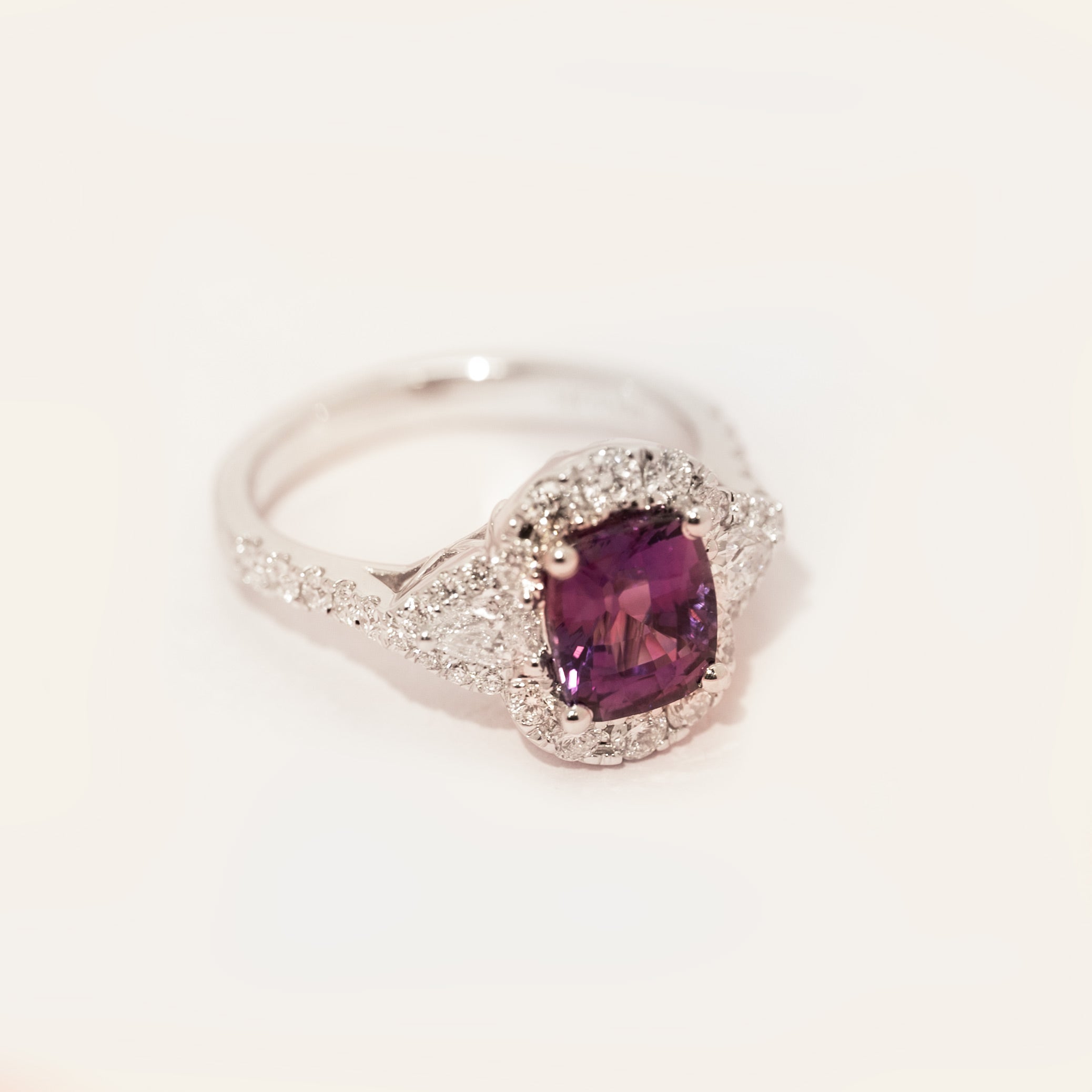 Cushion Cut Pink Sapphire Ring in 14kt White Gold with Diamonds
