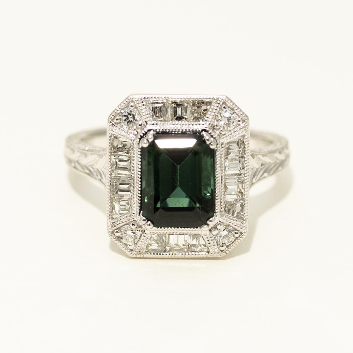 Maine Emerald Cut Green Tourmaline Ring in 14kt White Gold with Diamonds