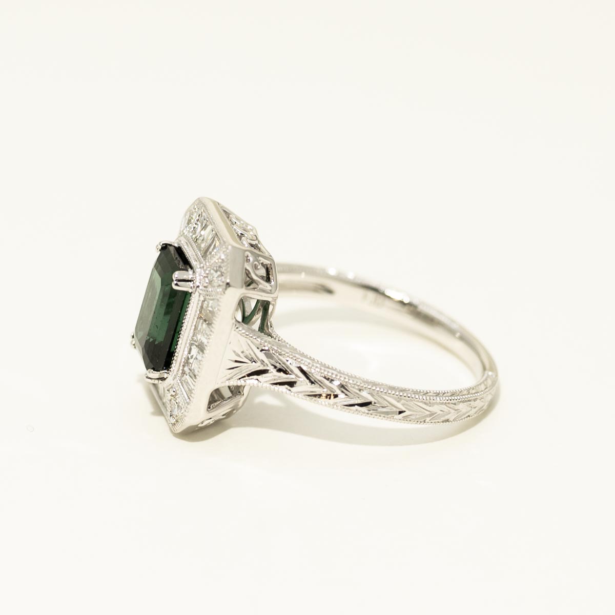 Maine Emerald Cut Green Tourmaline Ring in 14kt White Gold with Diamonds
