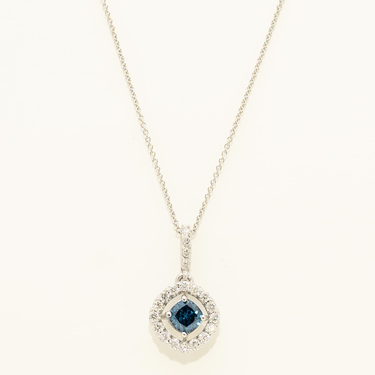 Cushion Cut Blue Diamond Halo Necklace in 14kt White  Gold (3/4ct tw)