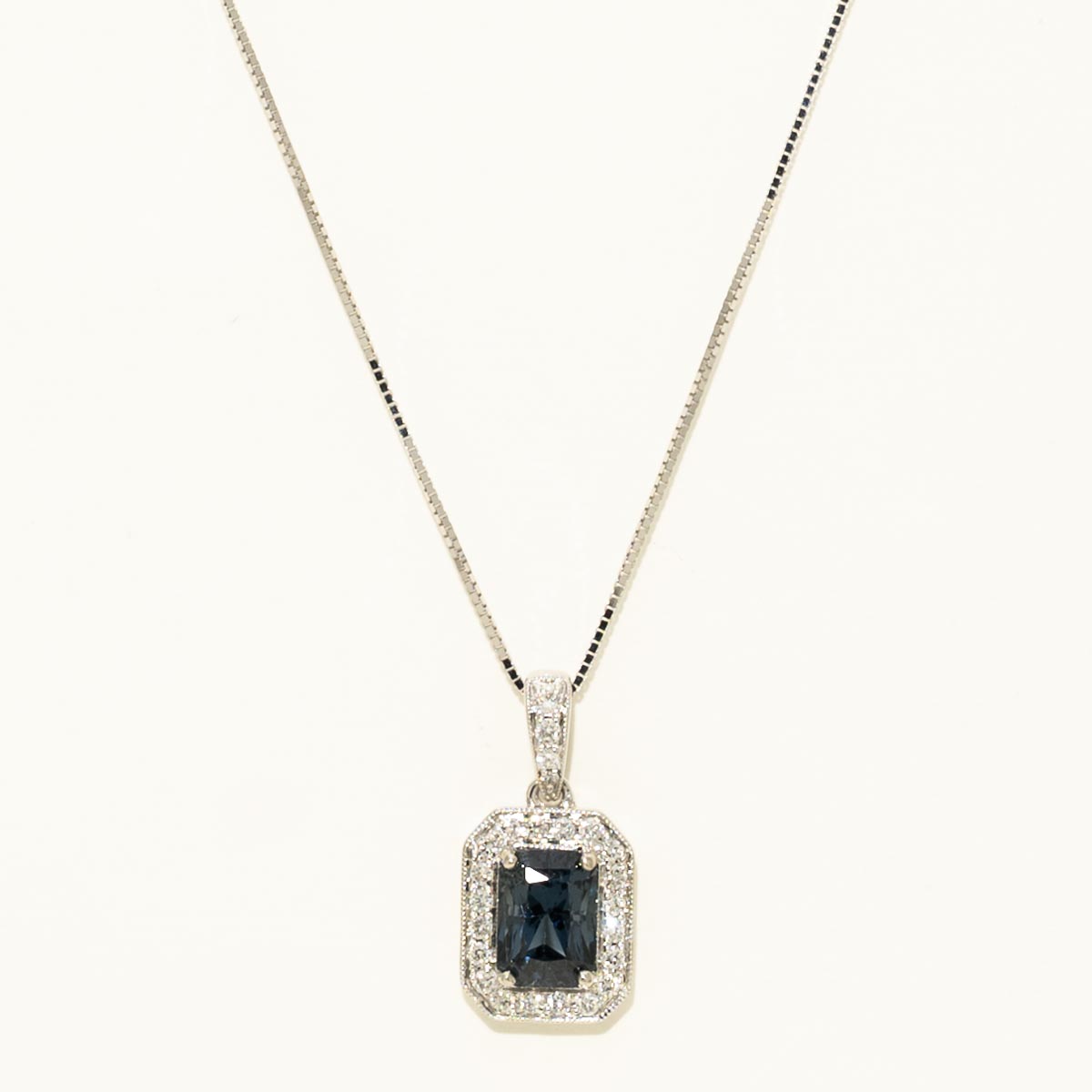 Radiant Cut Blue Spinel Halo Necklace in 14kt White Gold with Diamonds (1/7ct tw)