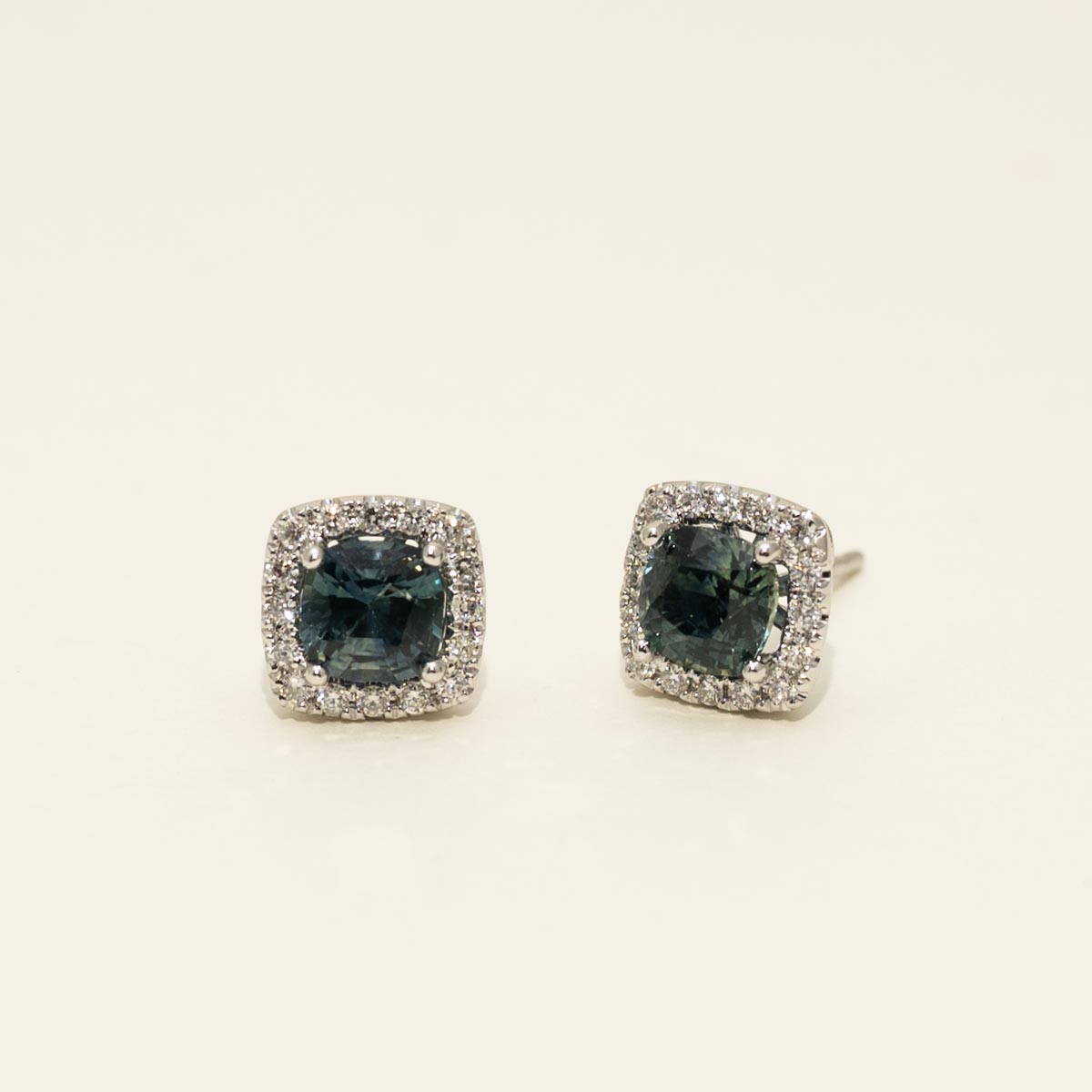 Cushion Cut Montana Sapphire Halo Earrings in 14kt White Gold with Diamonds (1/4ct tw)