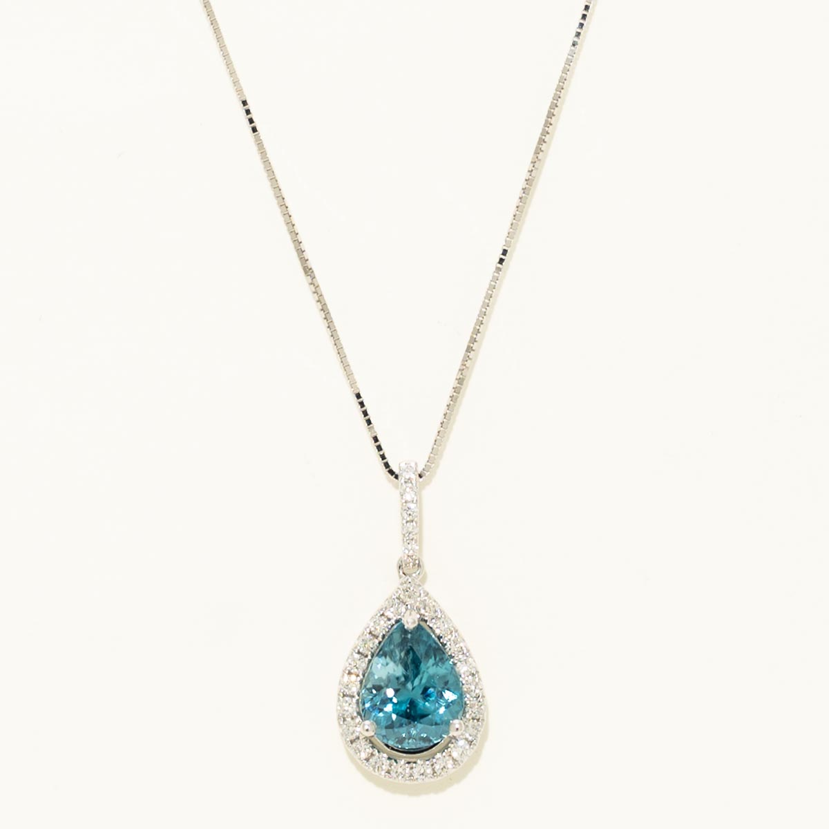 Pear Shaped Blue Zircon Halo Necklace in 14kt White Gold with Diamonds (1/5ct tw)