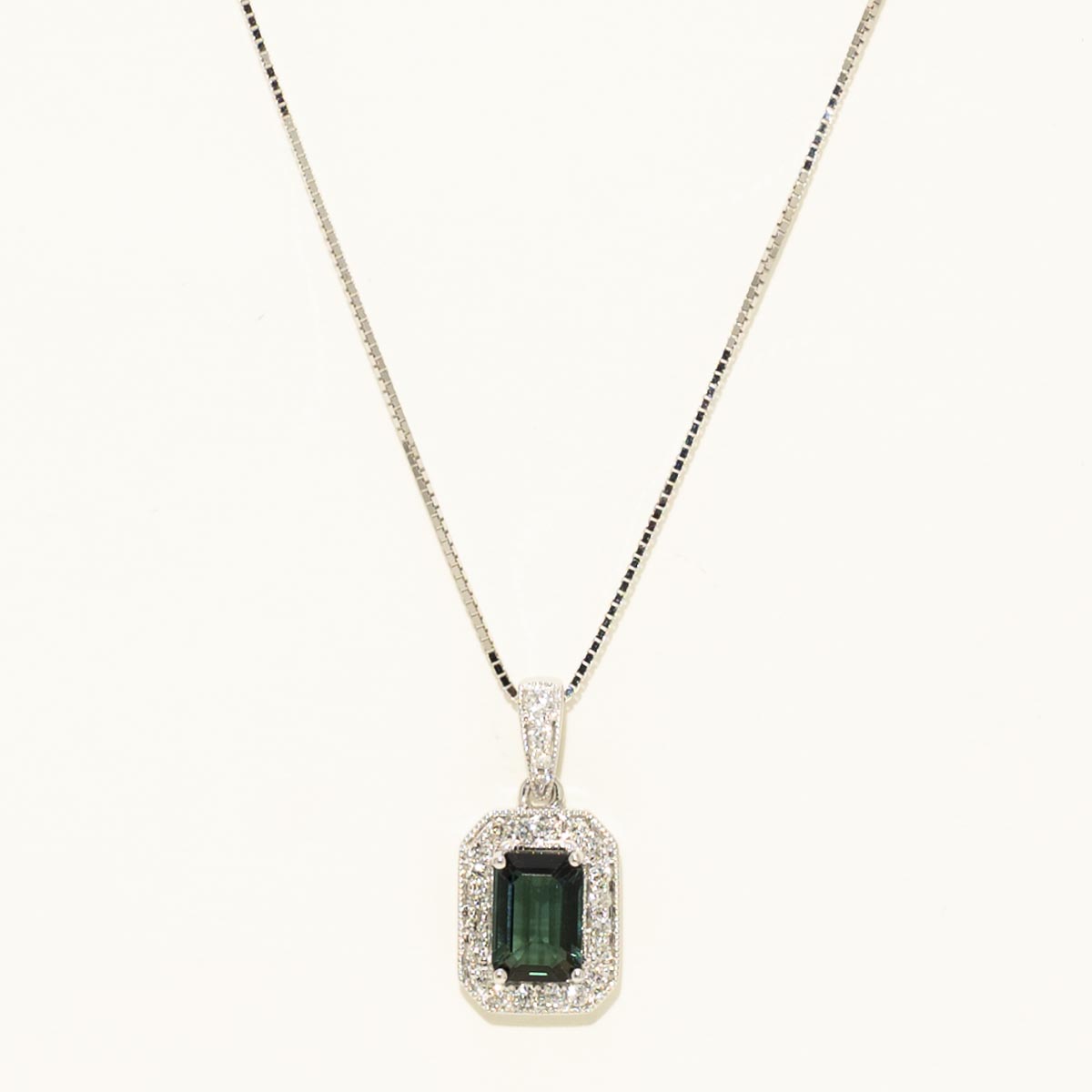 Maine Emerald Cut Green Tourmaline Halo Necklace in 14kt White Gold with Diamonds (1/10ct tw)
