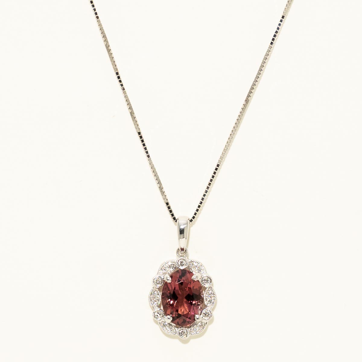 Maine Oval Pink Tourmaline Halo Necklace in 14kt White Gold with Diamonds (1/20ct tw)