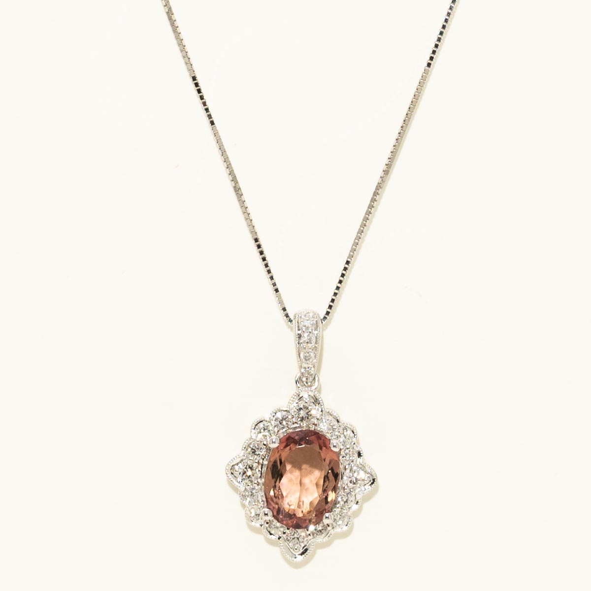Maine Oval Pink Tourmaline Halo Necklace in 14kt White Gold with Diamonds (1/3ct tw)