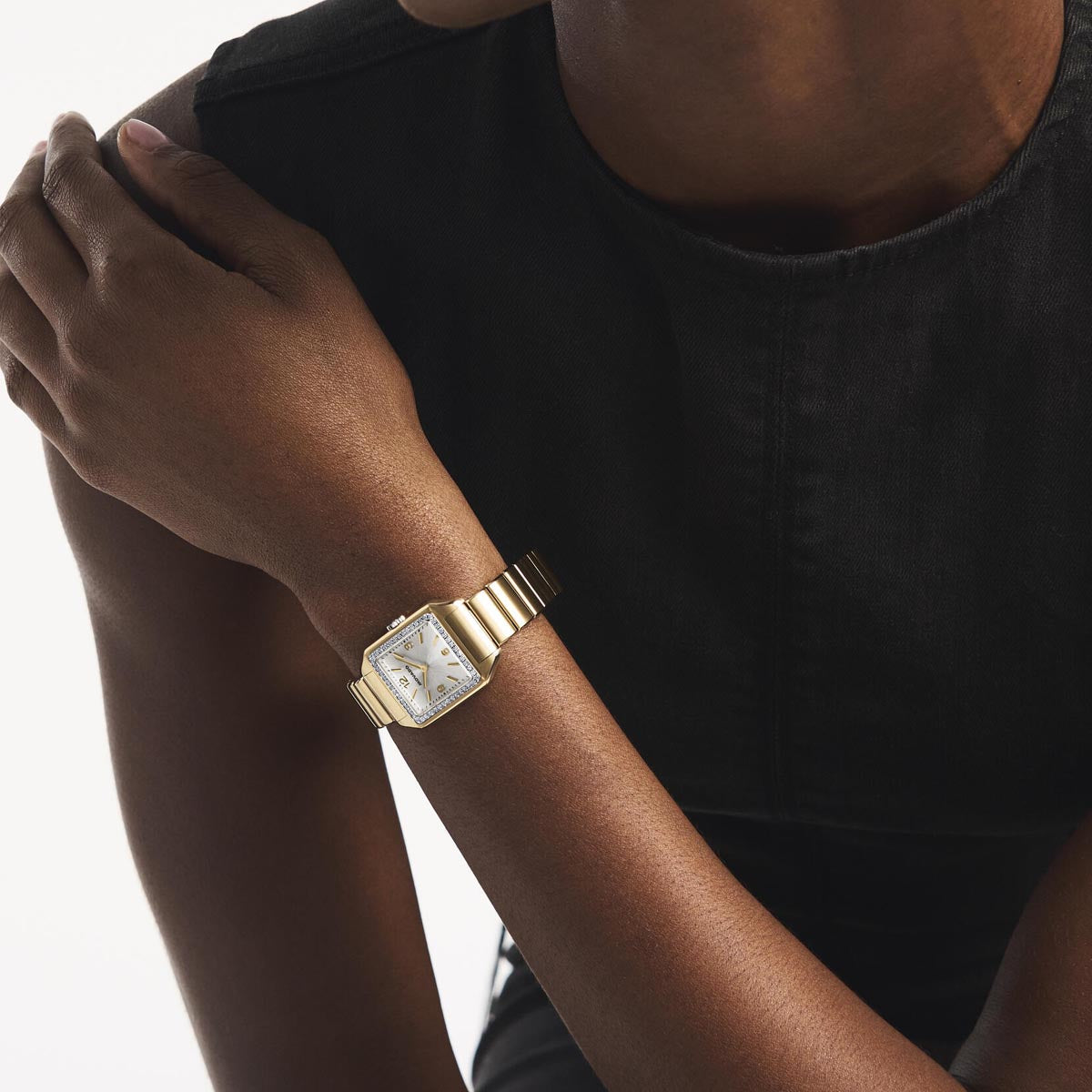 Movado Heritage Watch with White Dial and Yellow Stainless Steel Bracelet with Lab Grown Diamond Bezel (25 x 34.1mm and quartz movement)
